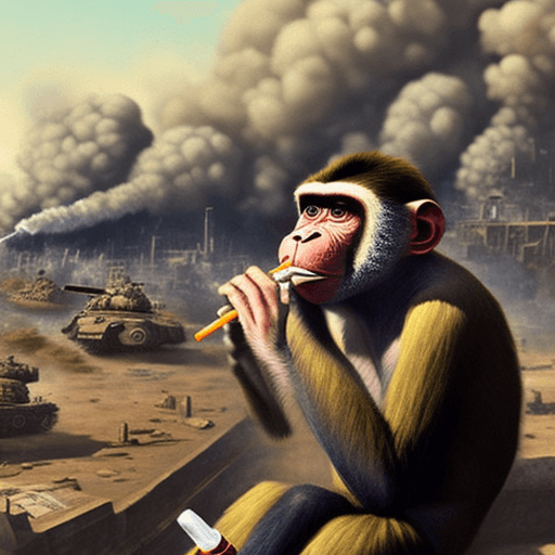 AI generated: hyperrealistic monkey smoking cigarettes during war, he is sittin on big bombs, in the background ta...