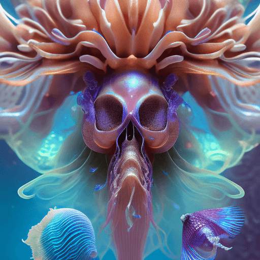 AI generated: Goddess close-up portrait ribcagel. jellyfish phoenix head, nautilus, orchid, skull, betta fish, bio...