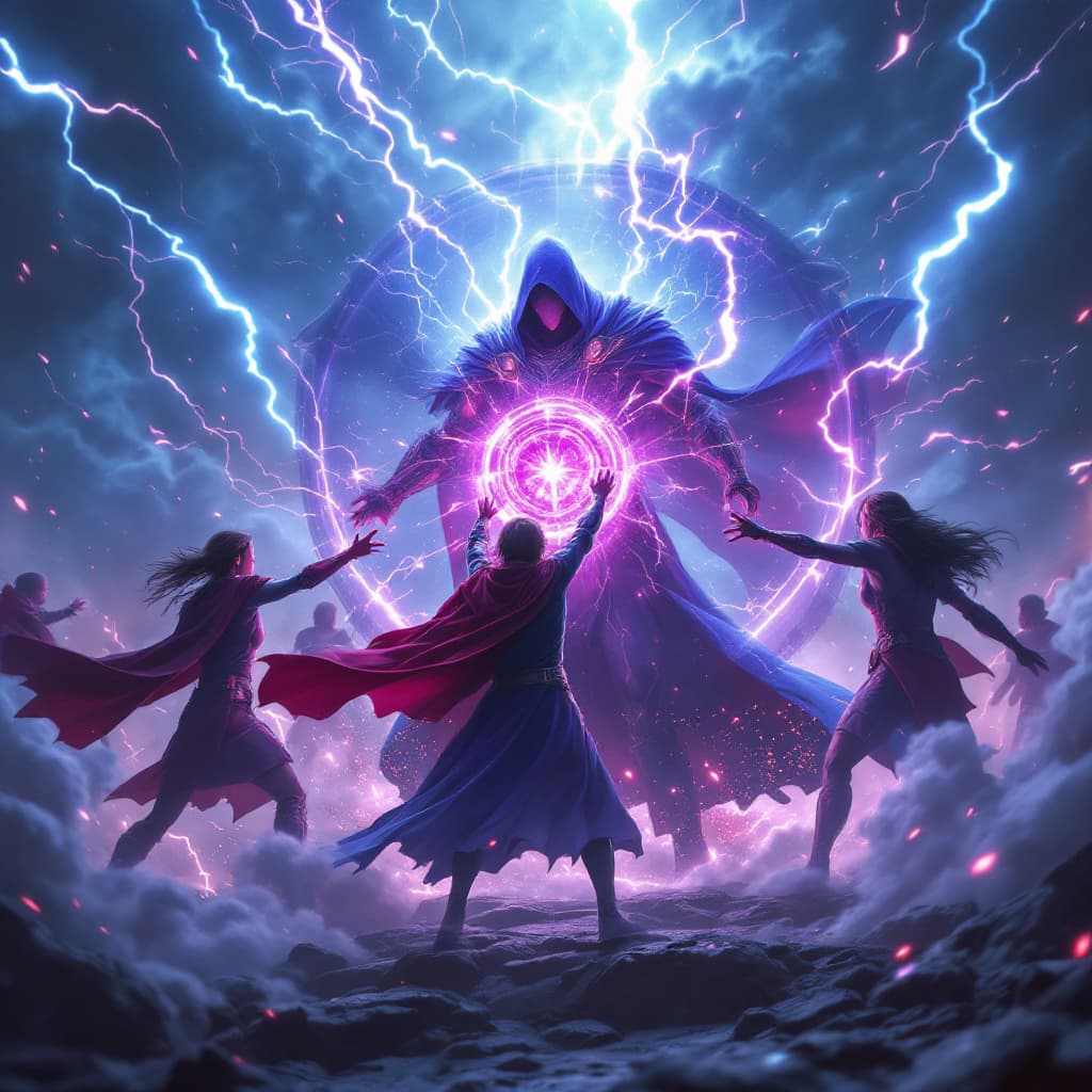 AI generated: A leader shielding a group from a storm with a massive transparent shield, 3D hero composition, inte...