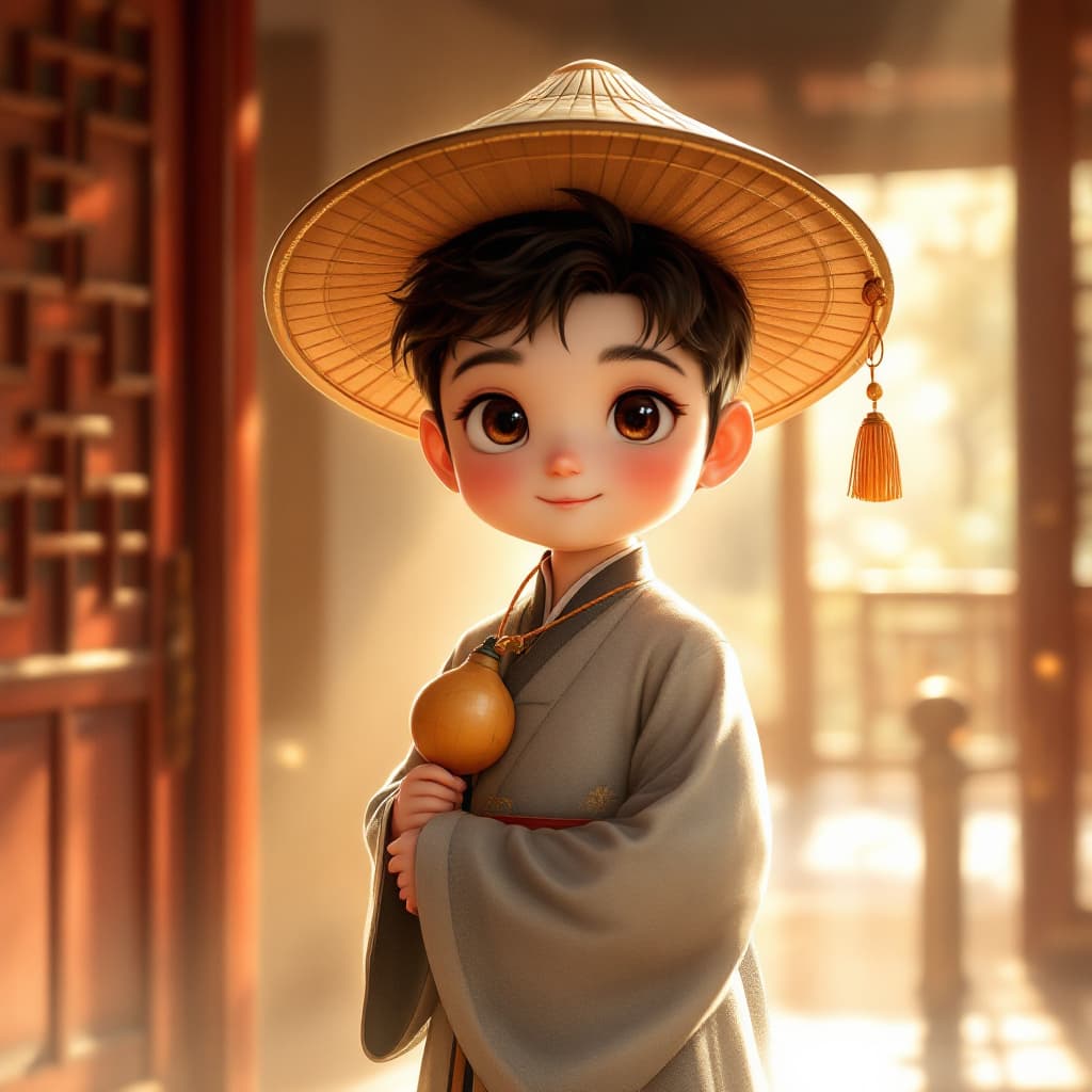 AI generated: A cute ancient Chinese boy with a round and rosy face, wearing a traditional Jigong hat and a gray t...