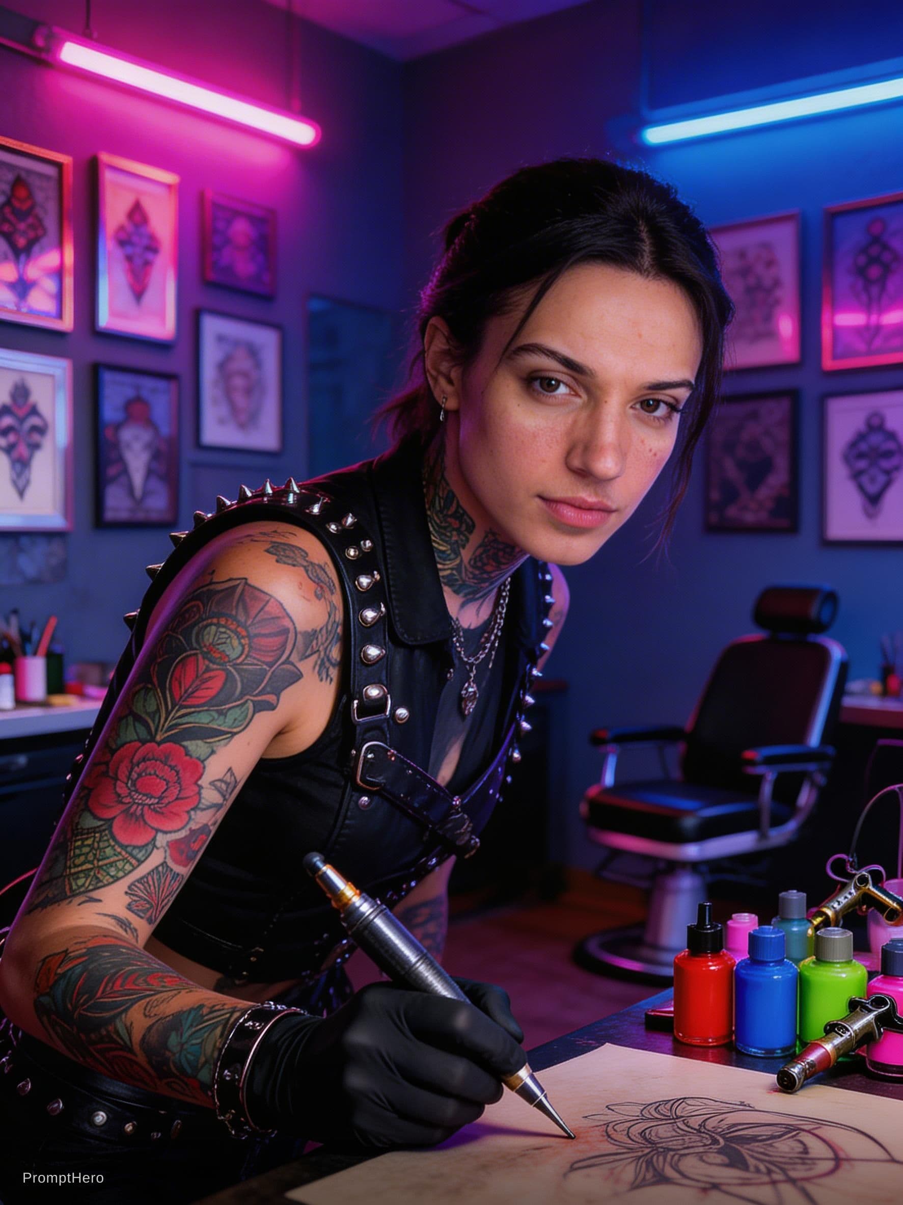 AI generated: a bold and edgy portrait of a tattoo artist working in a vibrant, neon-lit studio. The woman exudes ...