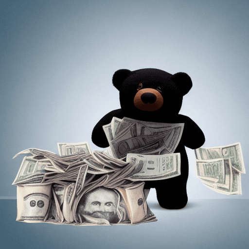 AI generated: A teddy bear with a black ski mask standing with sacks of money