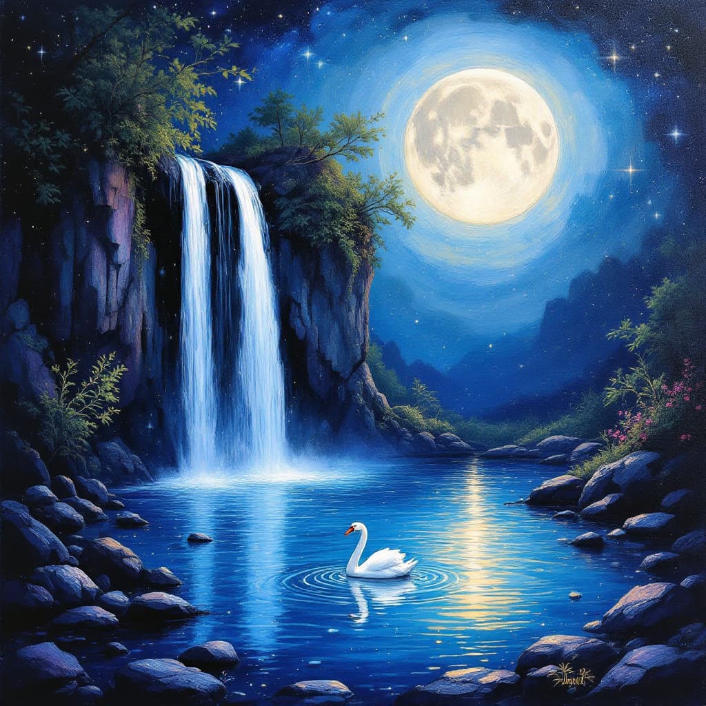 AI generated: impasto oil painting of an Encaustic wax of a mystical waterfall, the stars reflect in the lagoon, a...