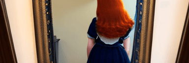 AI generated: A amateur mirror selfie of a young ginger girl, from behind, looking young,  (big ass:1.2), smile, p...
