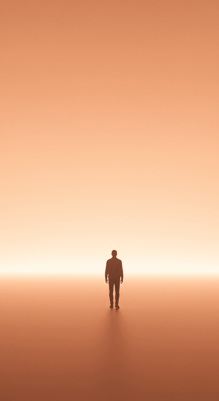 AI generated: minimalist, wide-angle digital illustration of a solitary man (mid-30s, modern outfit) in silhouette...