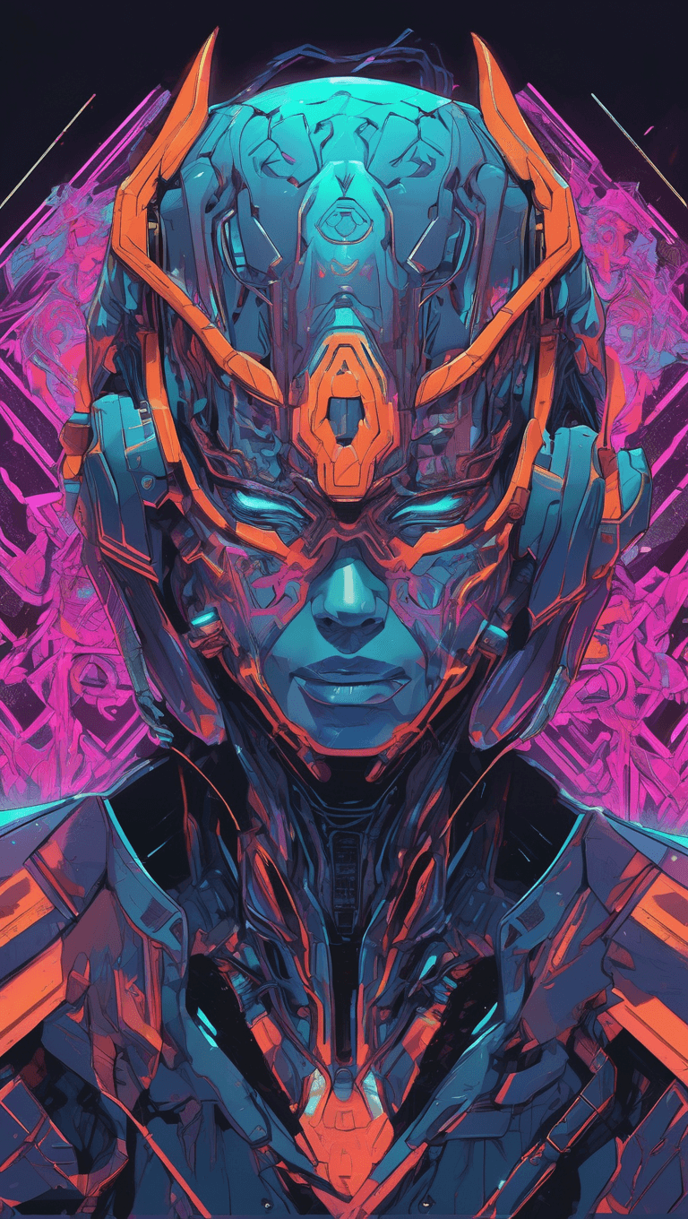 AI generated: a cyborg mask covered in rune of neon, an anime drawing, trending on Artstation, serial art, martin ...