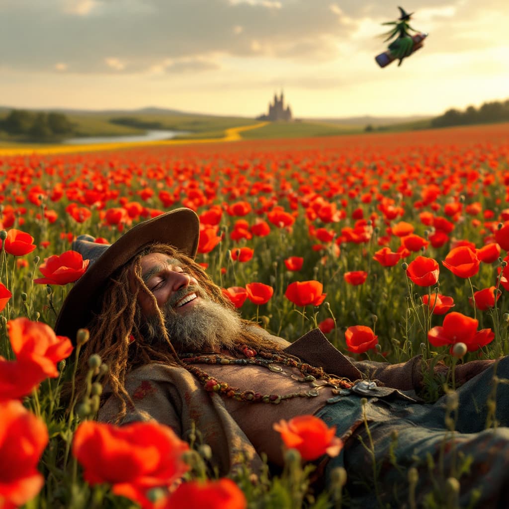 AI generated: a totally wasted  hippie with a dopey grin partly closed eyes is  in a field of poppies laying prone...