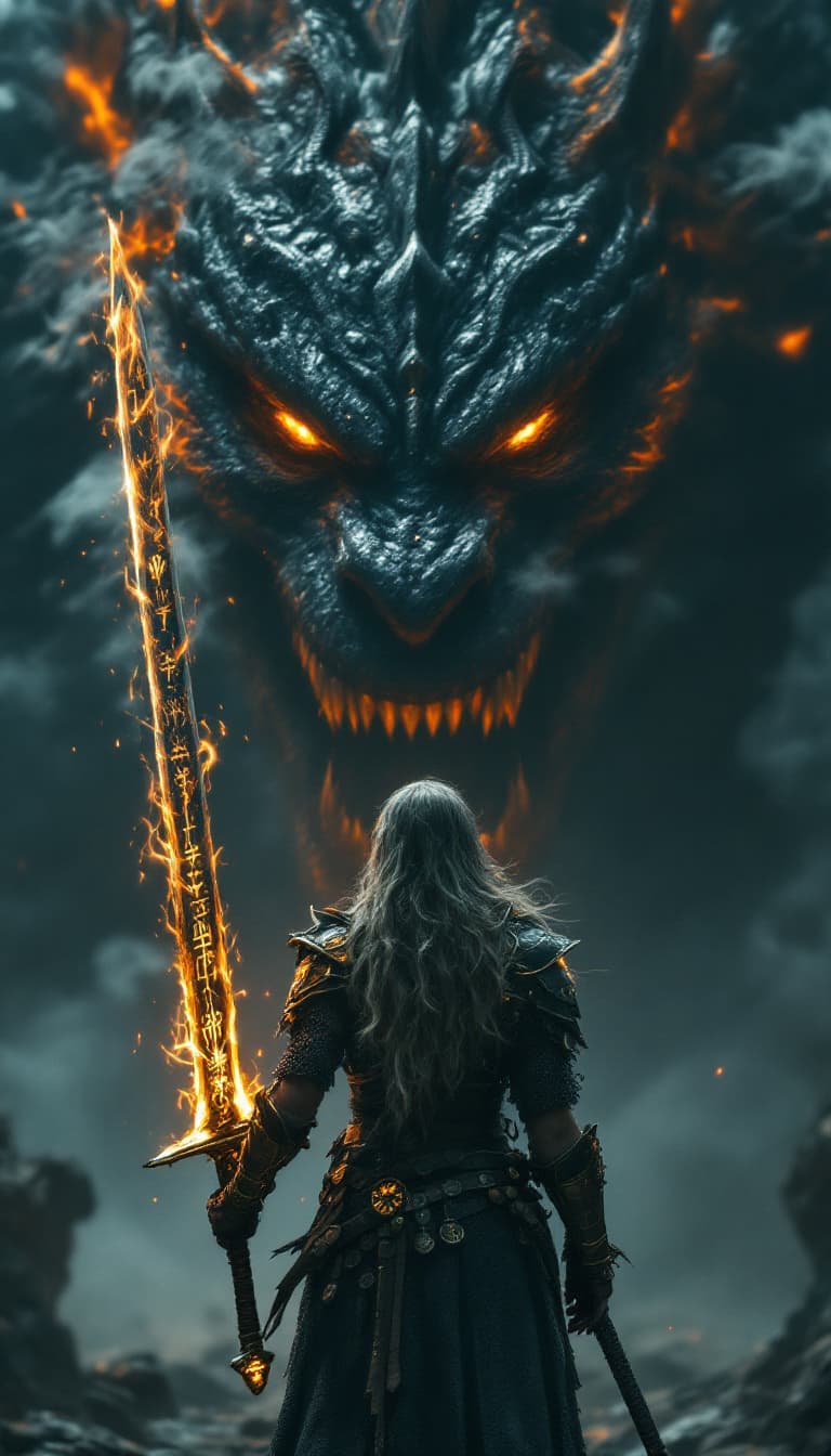 AI generated: In this captivating dark fantasy cinematic photo, a powerful barbarian woman dressed in light chainm...