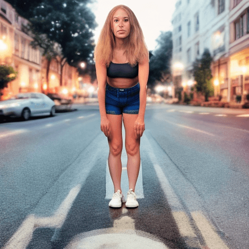 AI generated: Short woman, public sidewalk, under streetlight at night, squatting, blonde hair (long)