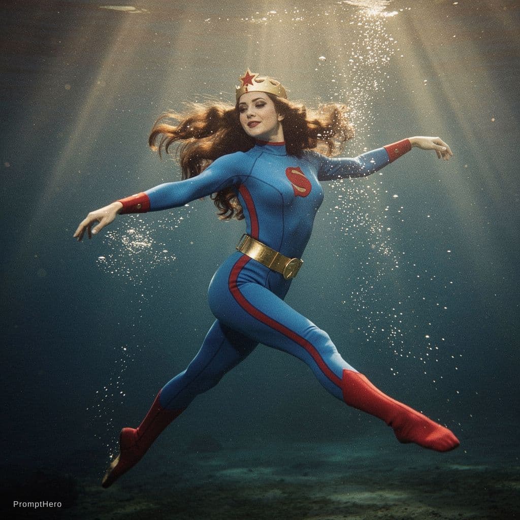 AI generated: Full body shot of Lynda Carter as Wonder Woman, wearing her iconic 1970s blue scuba wetsuit with red...