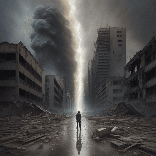 AI generated: a 1child standing, sadness, oil painting, a massive earthquake swept through city, ultra-wide shot, ...