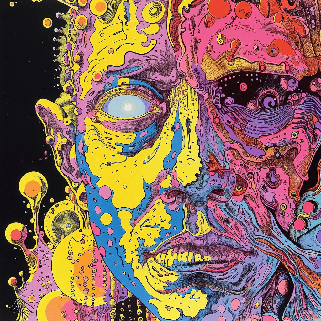 AI generated: whimiscal acid nightmate pshydelic lsd melted by moebius and frank miller and Michael DeForge --v 6....