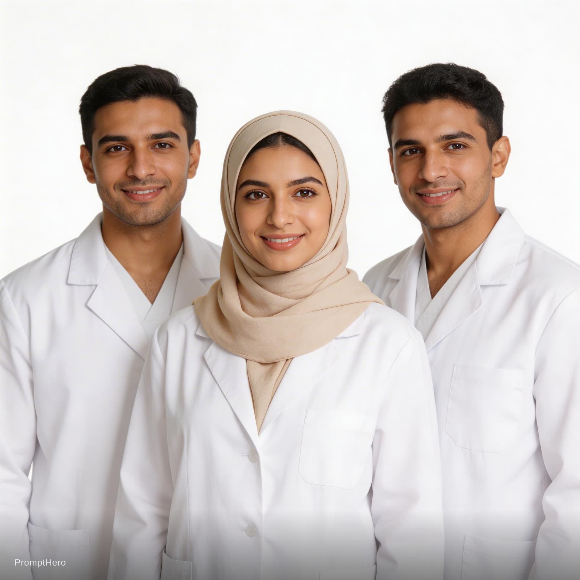 AI generated: A professional high-resolution portrait of three doctors standing confidently together against a pur...
