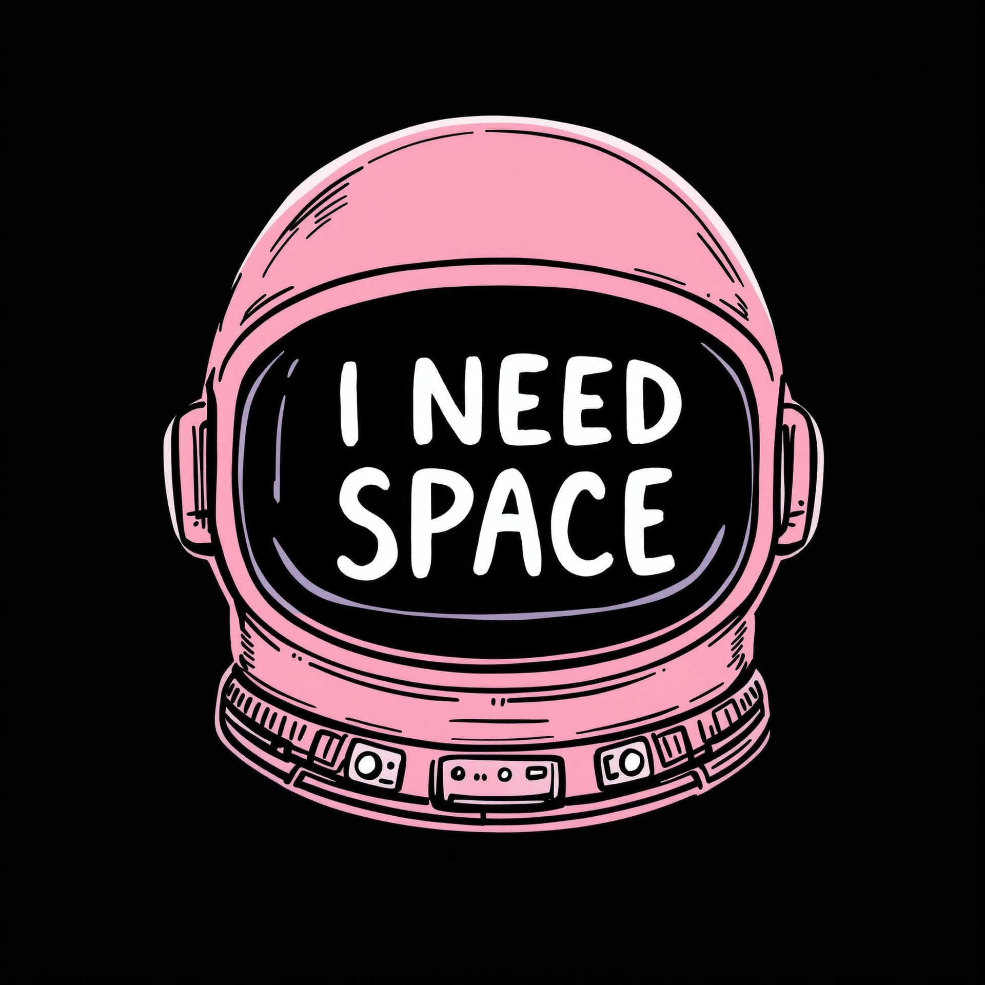AI generated: Pink astronaut helmet, stylized design,  "I NEED SPACE" in large, bold, white, groovy font, on black...