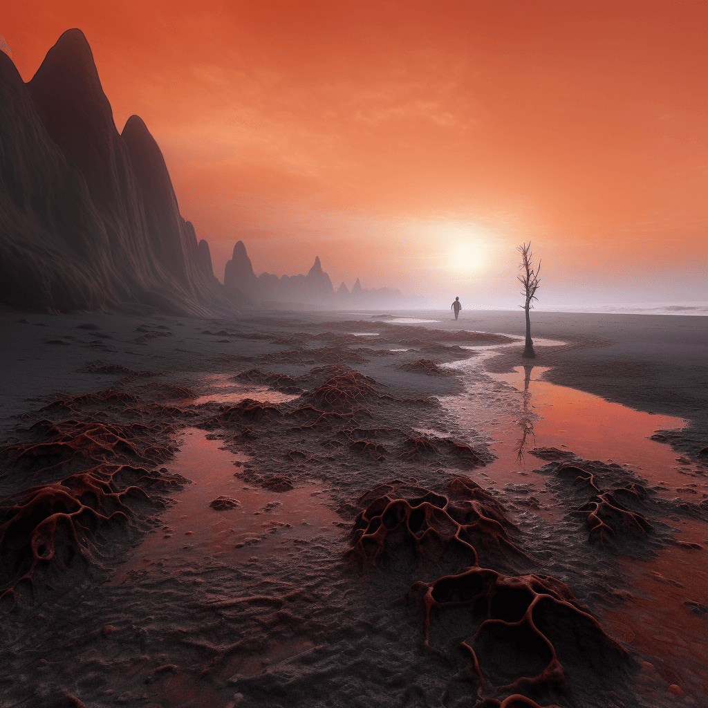 AI generated: captivating dawn on a dark sand beach, waves in a sea with nameless hidden creatures, reddish and or...