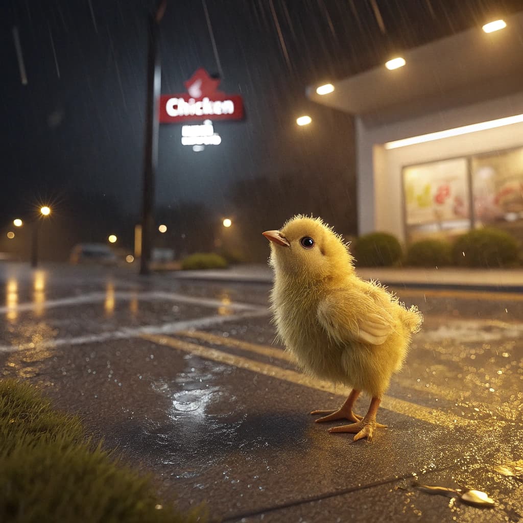 AI generated: A small, fluffy, yellow chick, alone on the streets of Bangkok in the parking lot of the chiken fast...