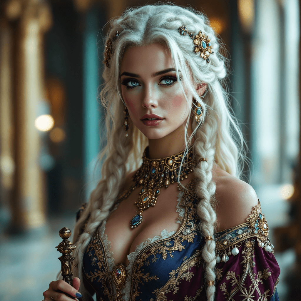 AI generated:  A regal princess with long, platinum blonde hair, styled into elaborate braids adorned with preciou...