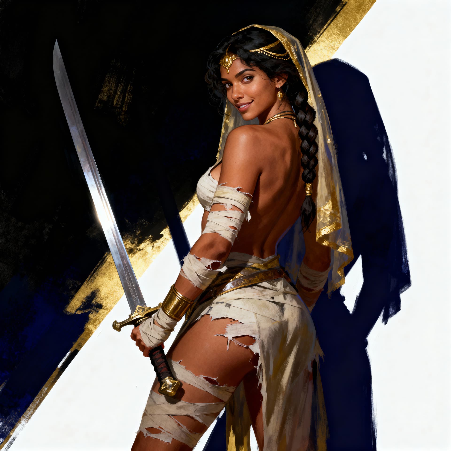 AI generated: A digital painting depicts a woman, likely of mixed ethnicity, appearing to be in her late 20s or ea...