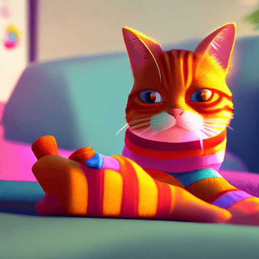 AI generated: Photo of 3D cute ginger cat wearing colourful socks ,sitting on sofa at home, battered, low angle, t...