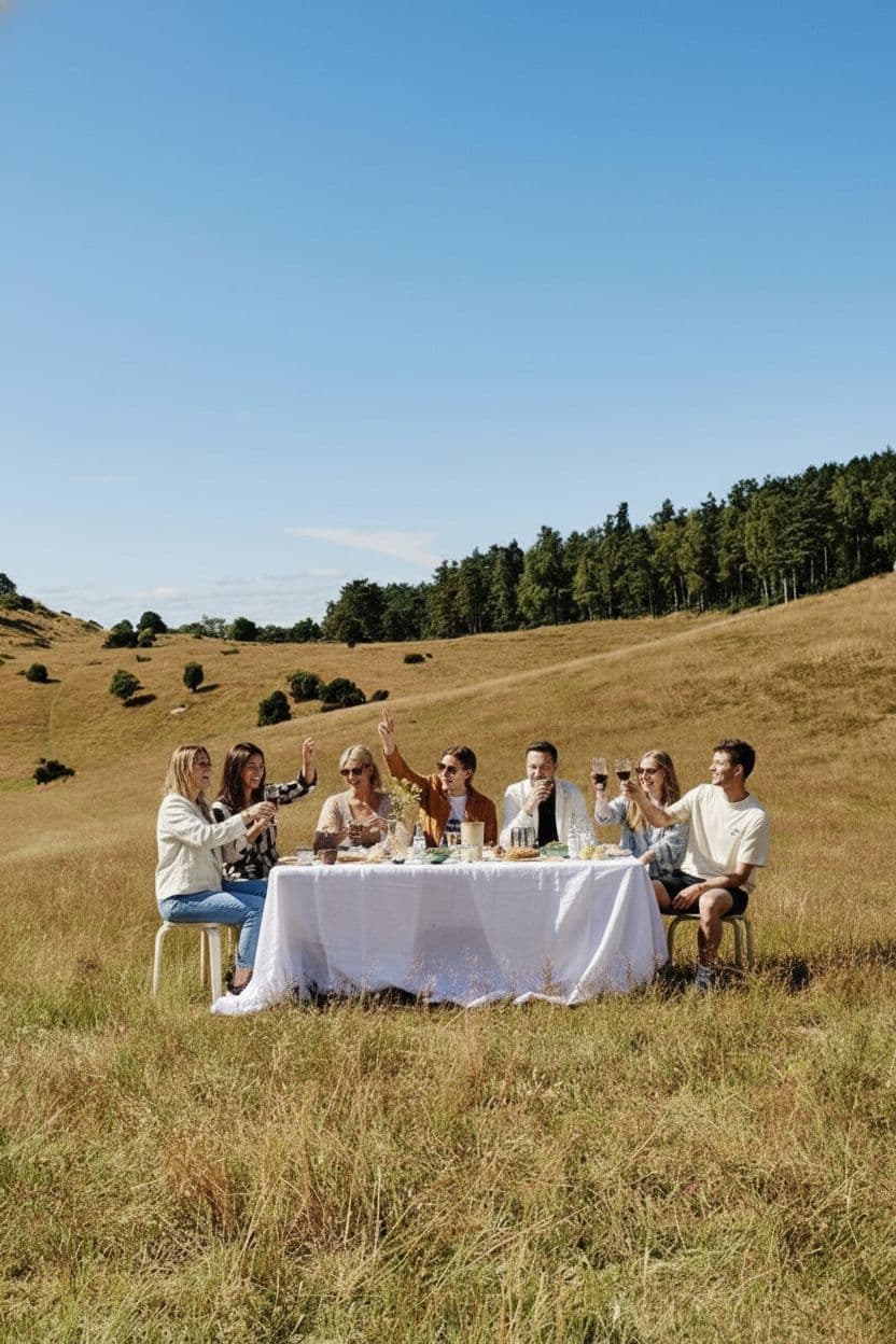 AI generated: Image exactly like the reference one but horizontal ratio with young people having fun instead. 