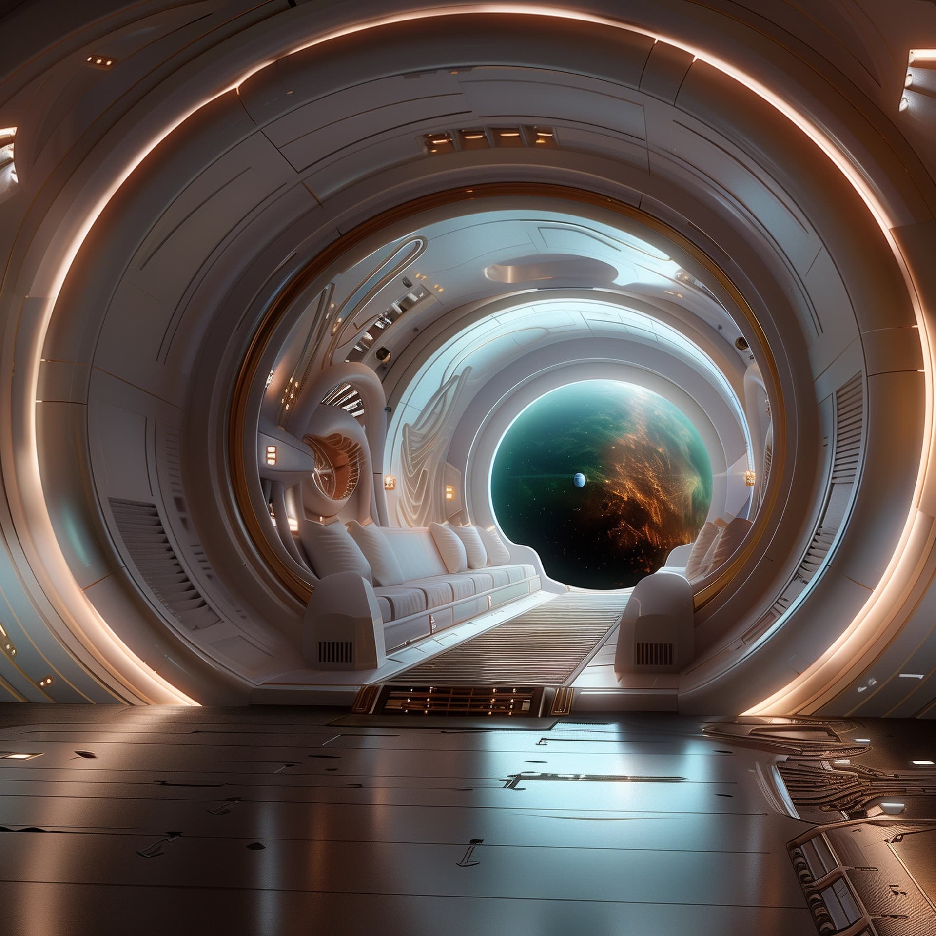 AI generated: Interior of a large cosmic spaceship envisioned through clairvoyance, highly detailed and accurate d...