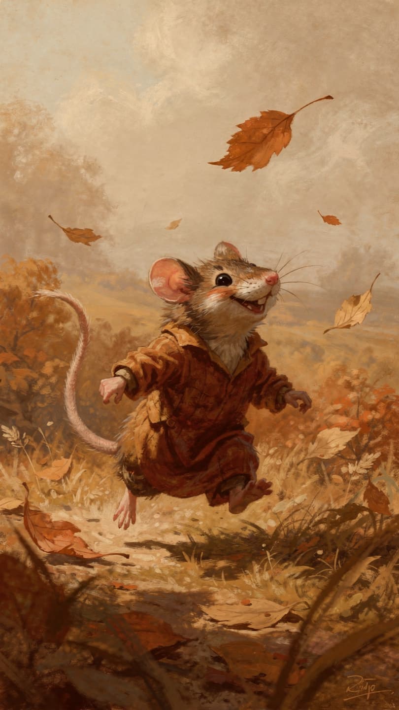 AI generated: A smily mouse, happily walking in the fields, Painterly digital illustration, warm autumn color pale...
