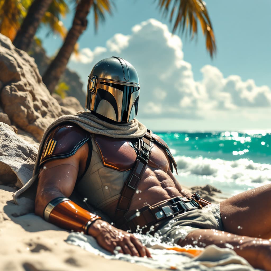 AI generated: The Mandalorian sunbathing on a beach. He is wearing the helmet and  a bathing suit