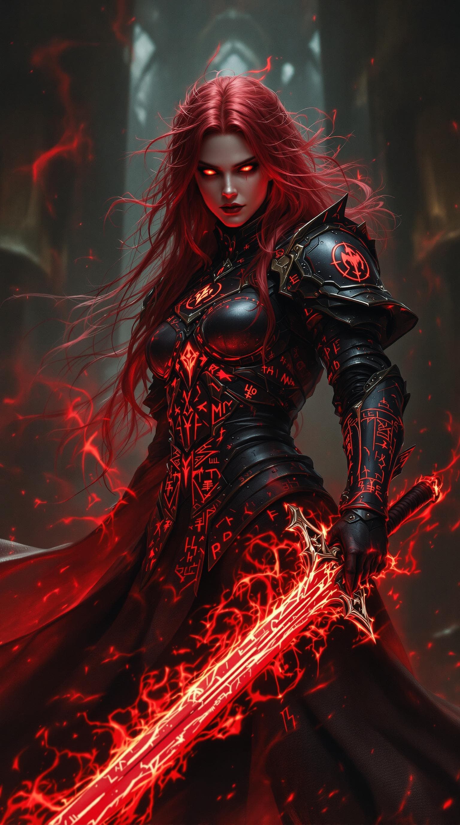 AI generated: A crimson-haired sorceress stands before me, her fiery locks and blazing eyes piercing through the d...
