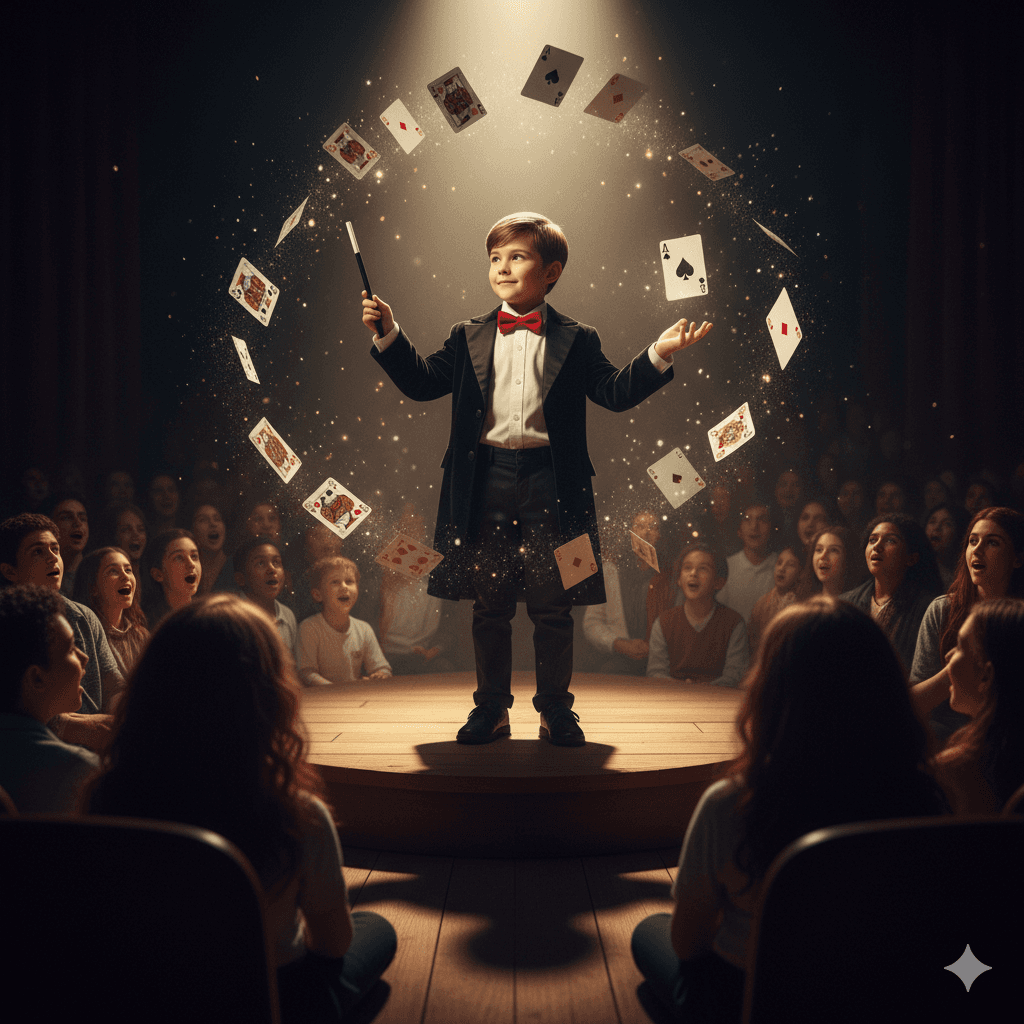 AI generated: “8-year-old boy magician performing a floating playing-card trick in front of a small stage audience...