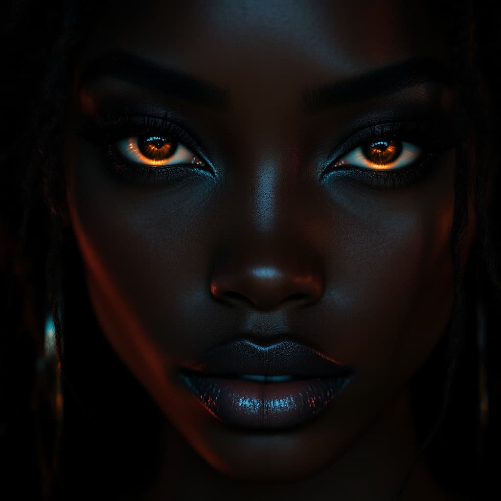 AI generated: A close-up portrait  of a Black woman rendered in a hyperrealistic style, featuring a dark backgroun...
