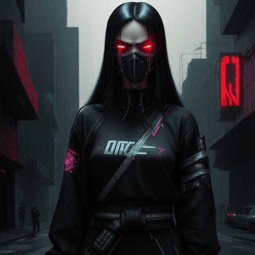 AI generated: High resolution, cyberpunk, female, sci-fi katana, long dark hair, streetwear, cybernetic eyes, poor...