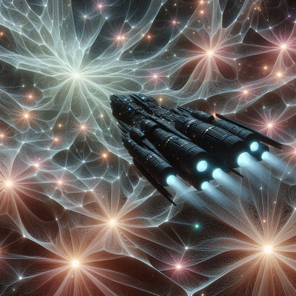 AI generated: Big in the foreground is a bionic spaceship made of translucent obsidian. The strange universe is an...