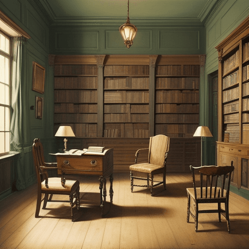AI generated: painting like image of a library with old thomes, two chairs and a little desk with some open books ...