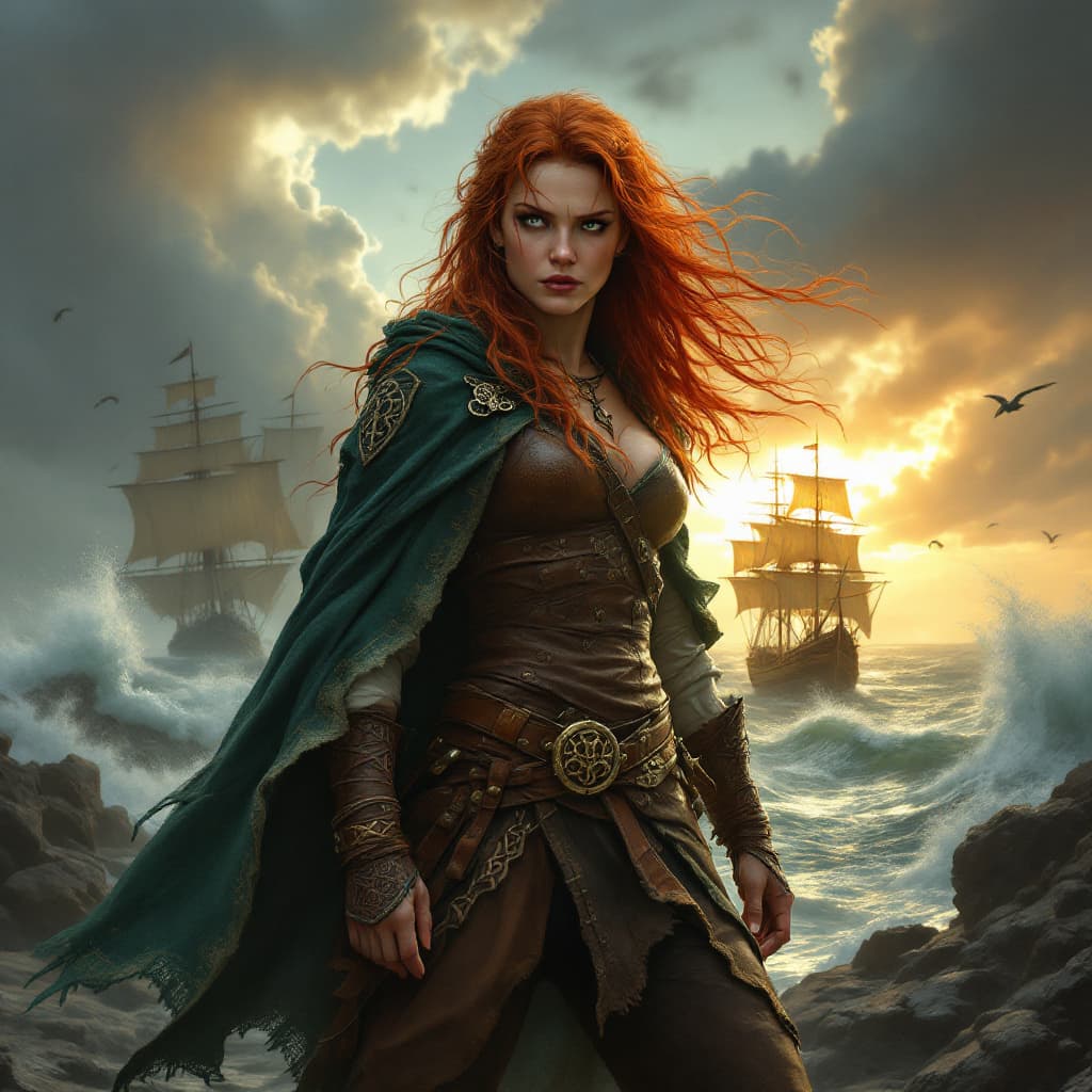 AI generated: Gráinne O'Malley, the legendary Irish pirate queen, stands defiantly at her rugged sea port, her sta...