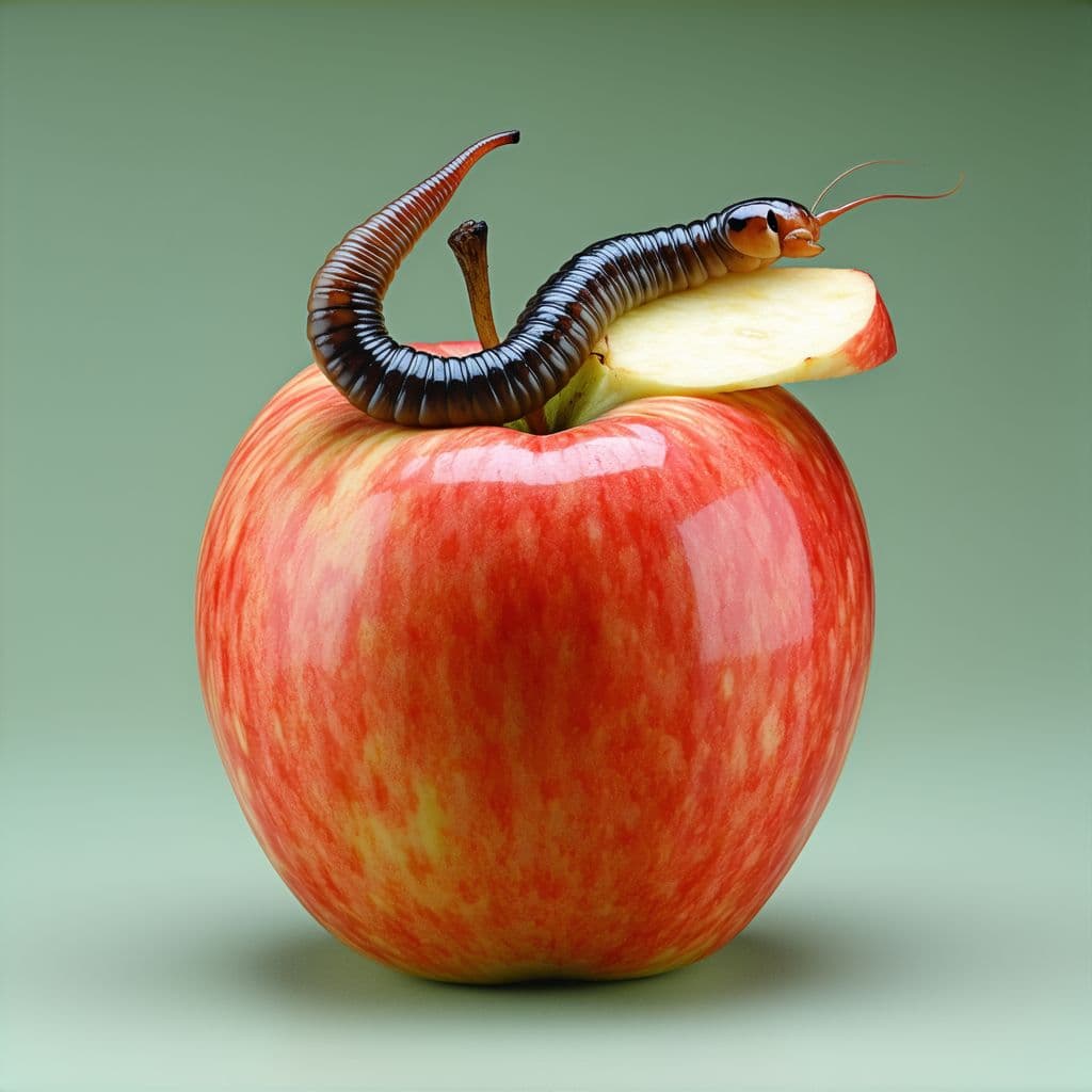 AI generated: a picture of a worm coming out of an apple