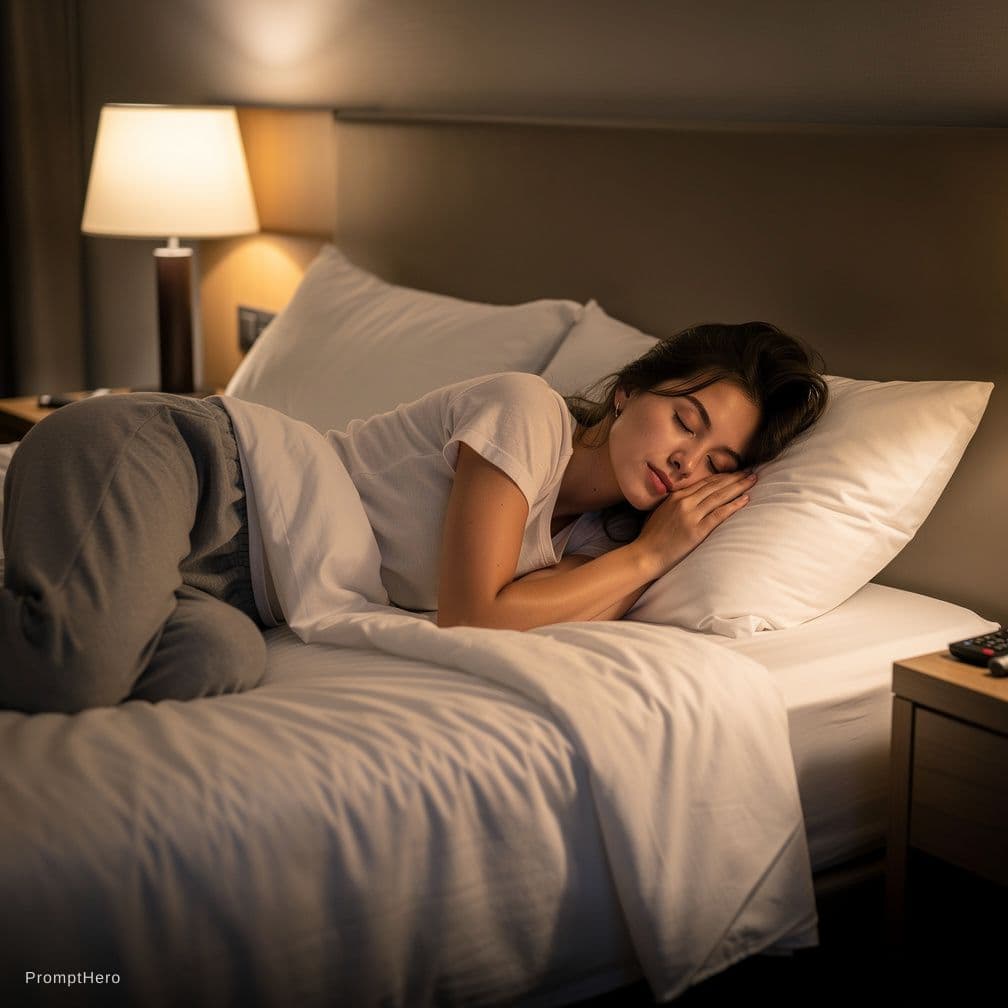 AI generated: make a 20 year old girl sleeping on a hotel bed with semi sheer pants and a halfcut top.