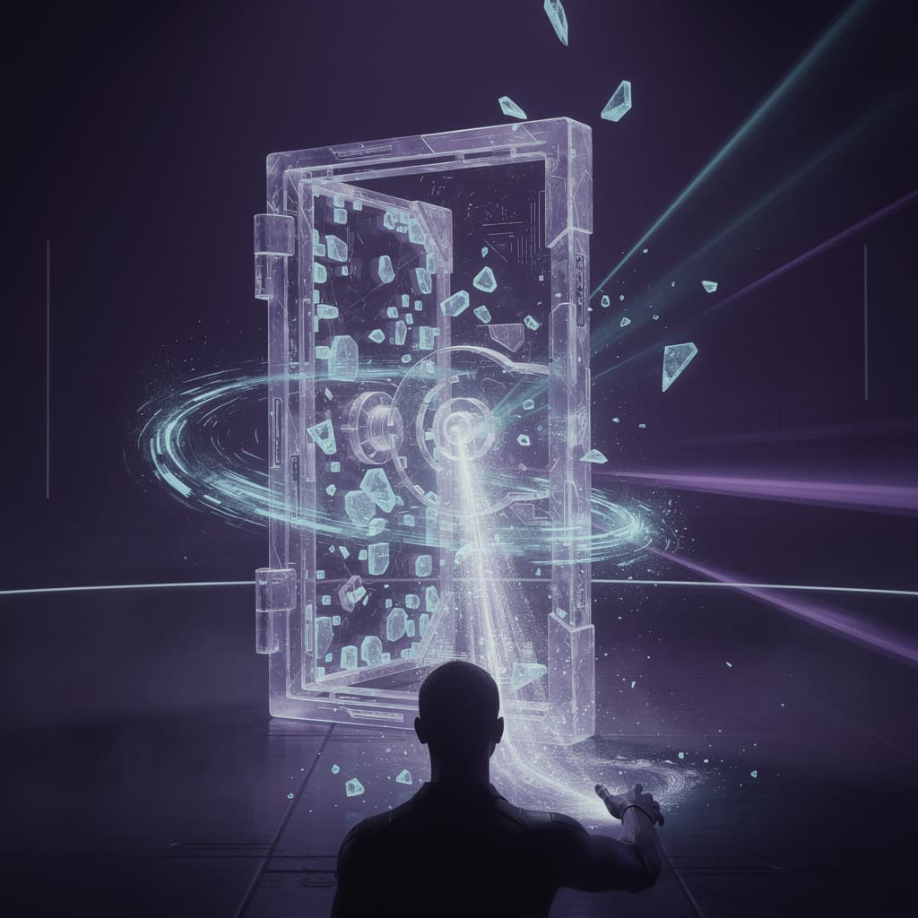 AI generated: figure seen from behind with hand extended forward, touching forming 
holographic vault structure th...
