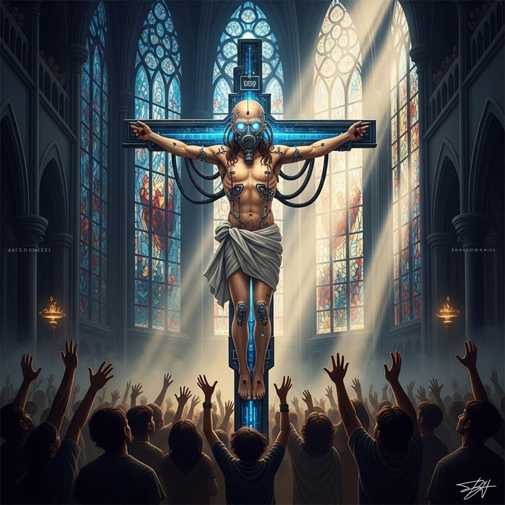 AI generated: Out-of-this-world impressionist oil painting of an awe inspiring cyber bald Christ with gas mask han...