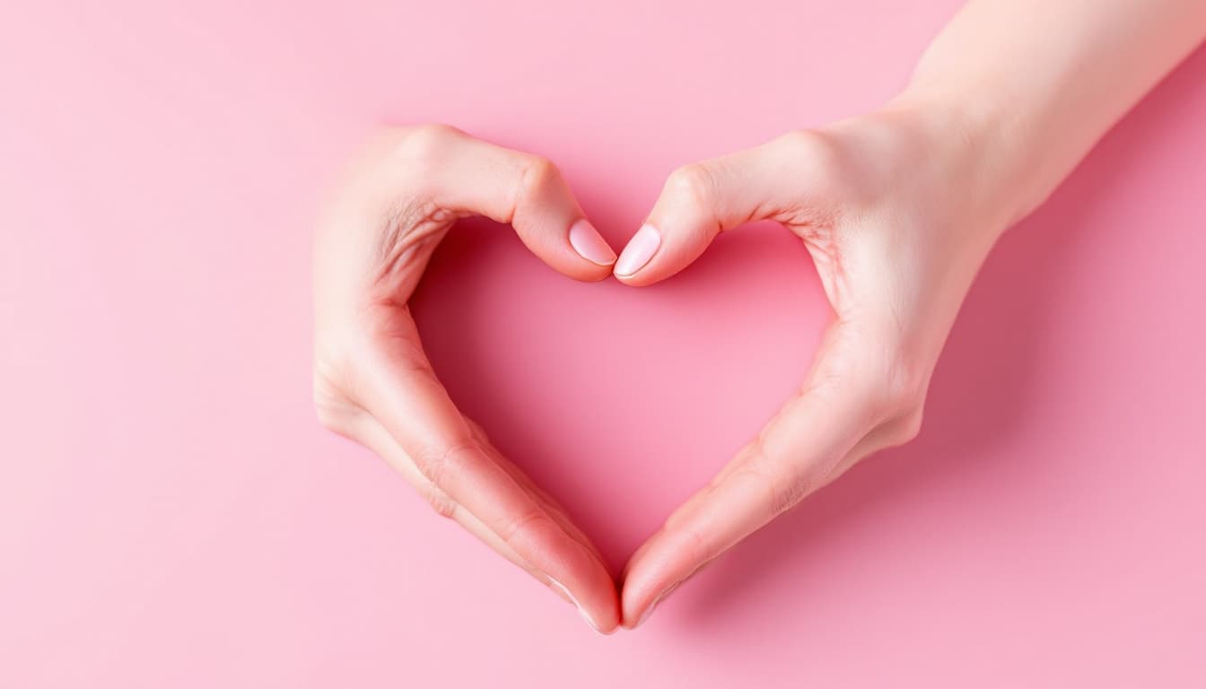 AI generated: Heart shape made with hands, soft pink background, skin tones, gentle gesture, love symbol, minimali...