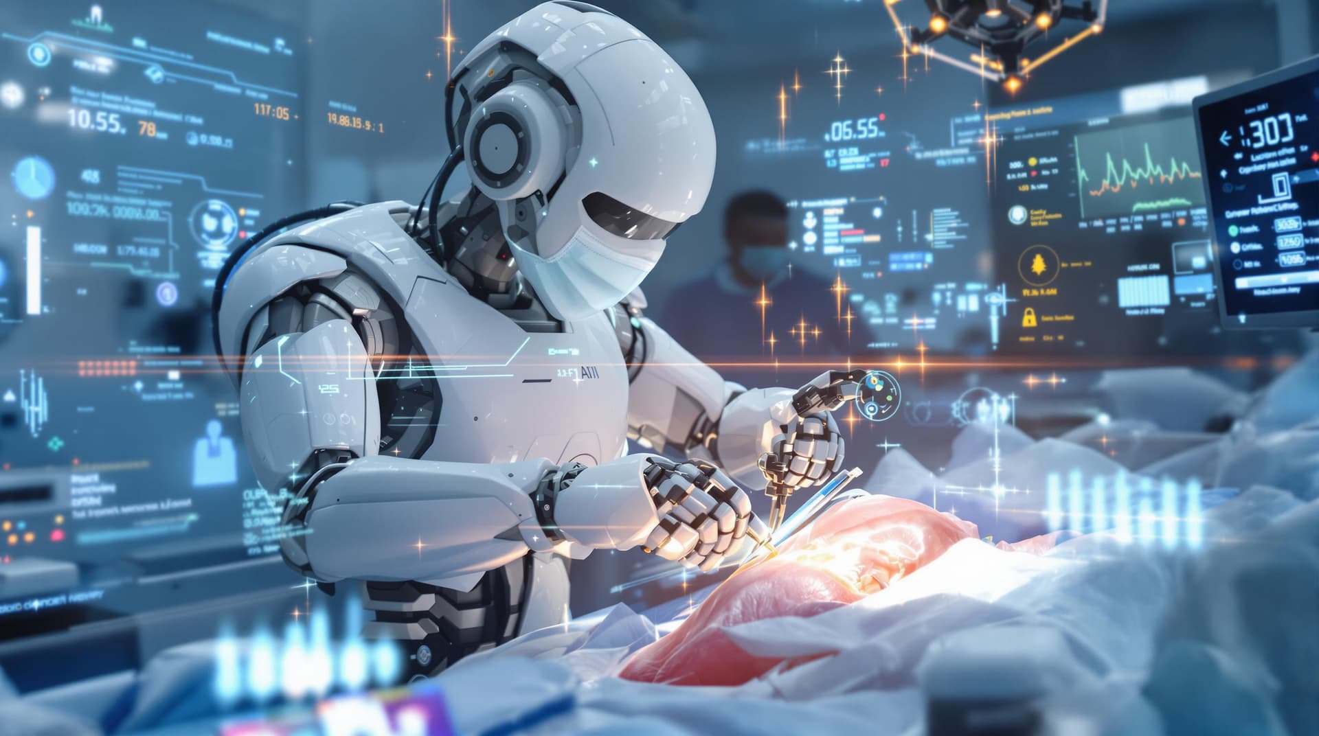 AI generated: A futuristic AI-powered robotic surgeon with precision mechanical arms performing a complex medical ...