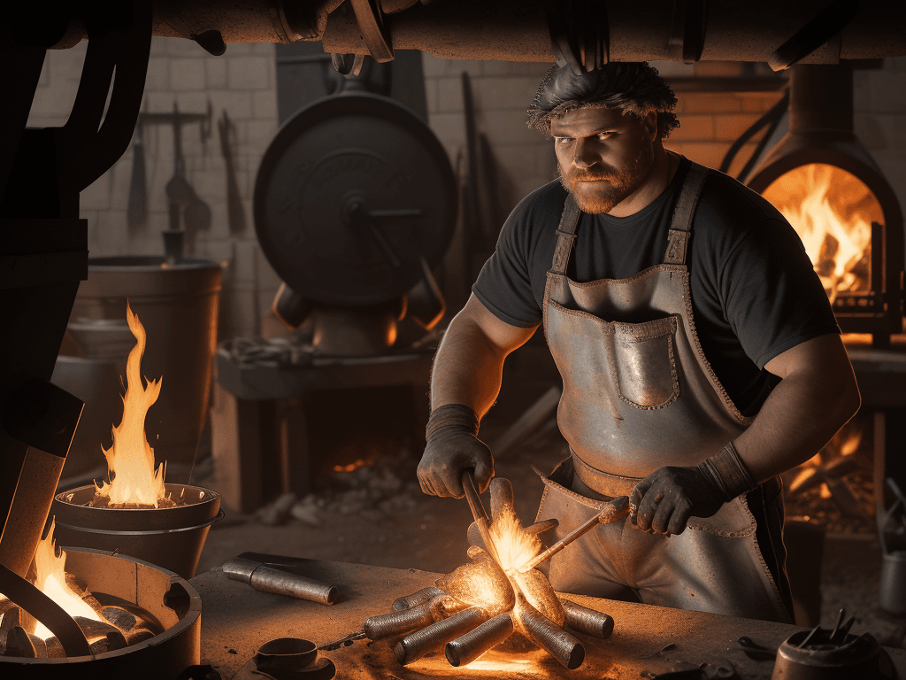 AI generated: A realistic and detailed portrait of a blacksmith at work in his forge, focusing on the intricacies ...