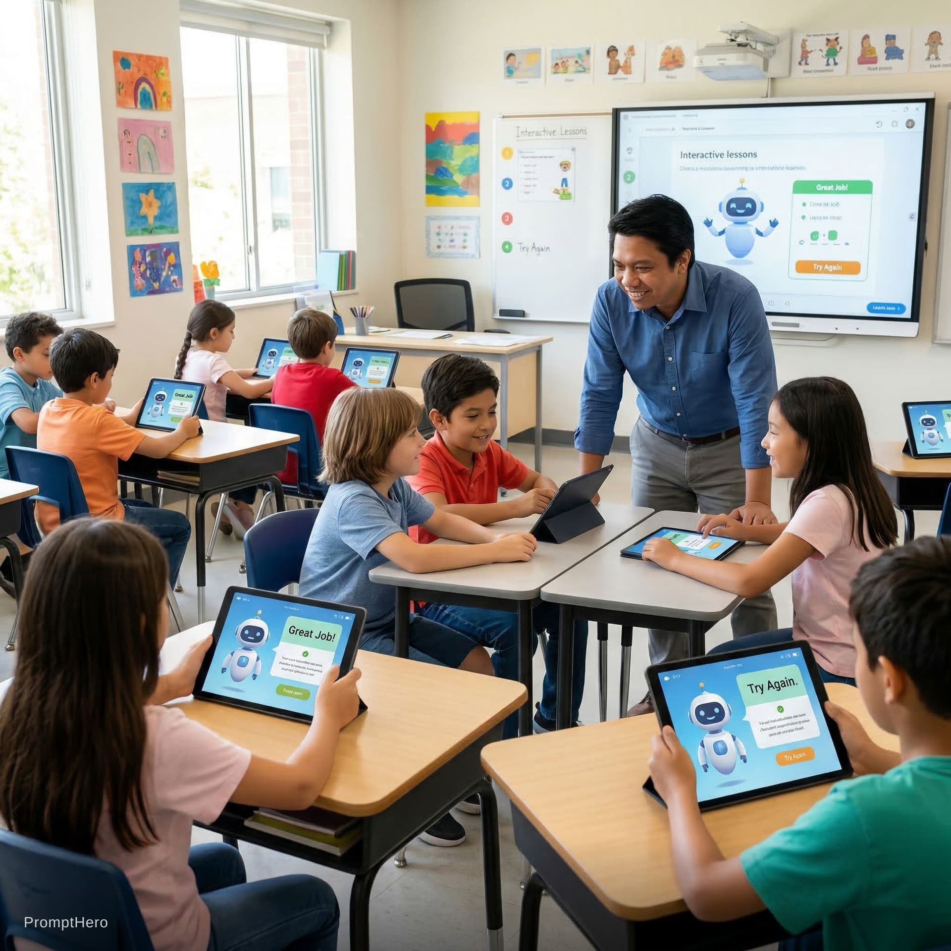 AI generated: A vibrant classroom where a teacher, face-swap with uploaded photo, guides small groups while AI int...