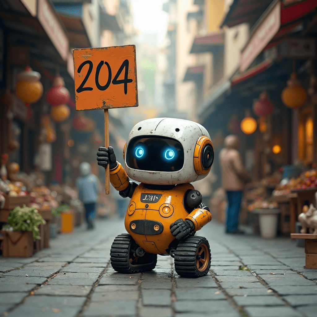 AI generated: on a crowded noisy cluttered alley near the market a small cute robot drives around with a sign 204 ...