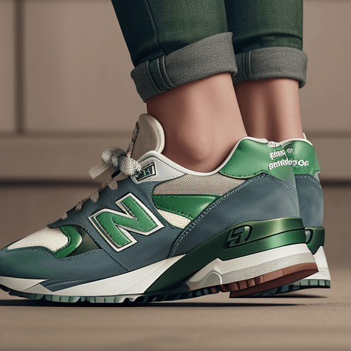 AI generated: Fashion shoot, sneakers NEW BALANCES MADE IN USA 990V3 BROWN COLOR WITH GREEN DETAILS, hyper-realist...