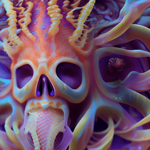AI generated: Goddess close-up portrait ribcagel. jellyfish phoenix head, nautilus, orchid, skull, betta fish, bio...