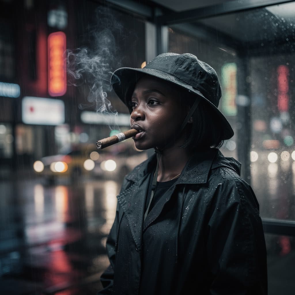AI generated: African girl, raincoat, black hair, rain, night city, bus stop, smoking a cigar, cigarette smoke, wa...