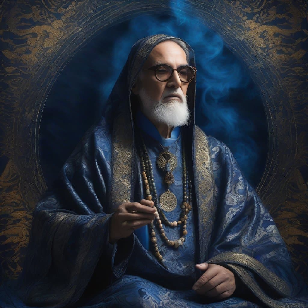 AI generated: wise master of the divine powers, a priest of an animistic cult, immersive experience, throwing spel...