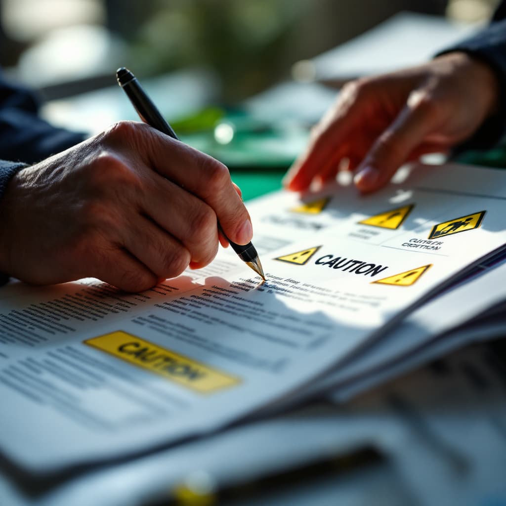 AI generated: Person reviewing a highlighted document with caution signs
 dslr, ultra quality, sharp focus, tack s...