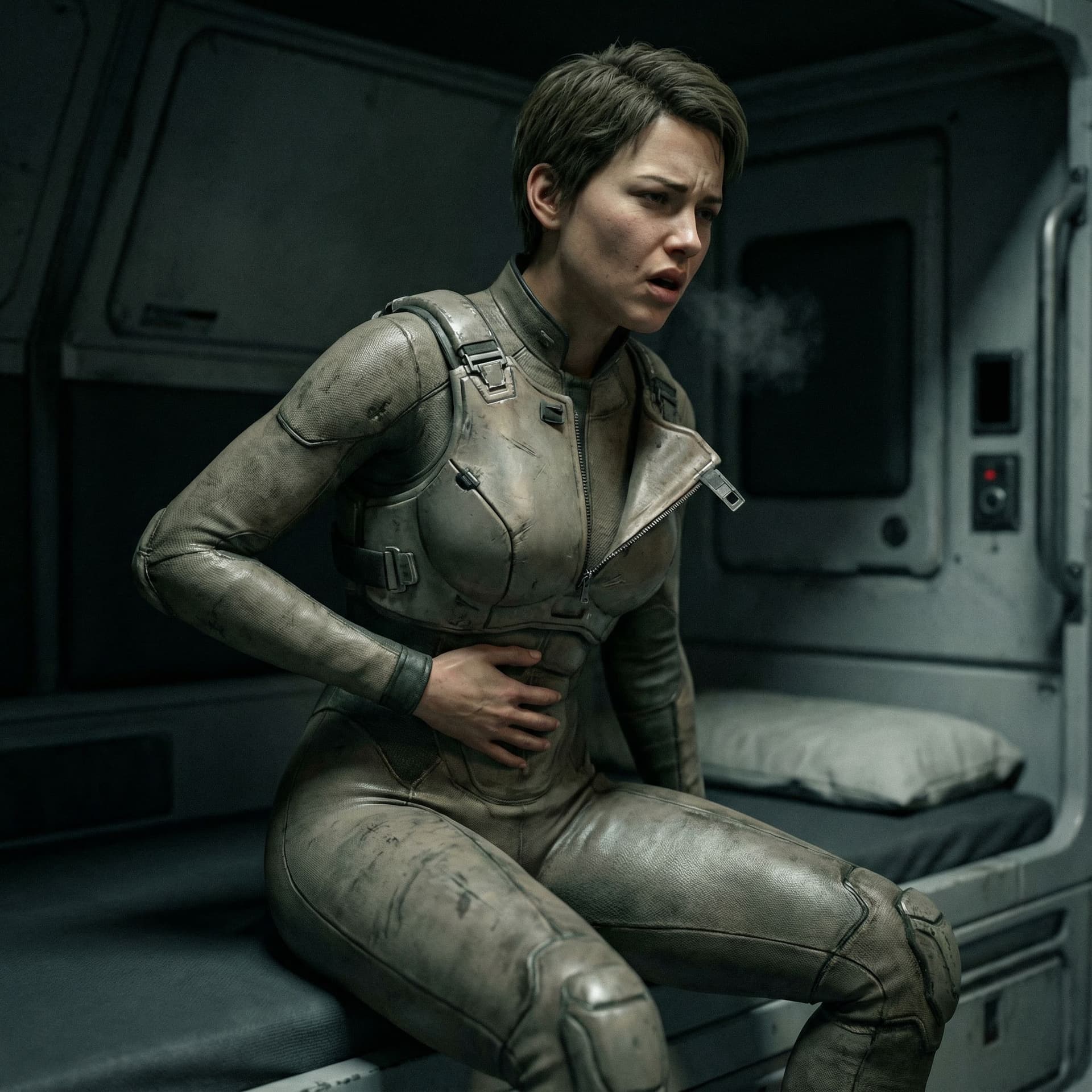 AI generated: A space marine female tight armor short her breast fully shown moaning and mastrubatin