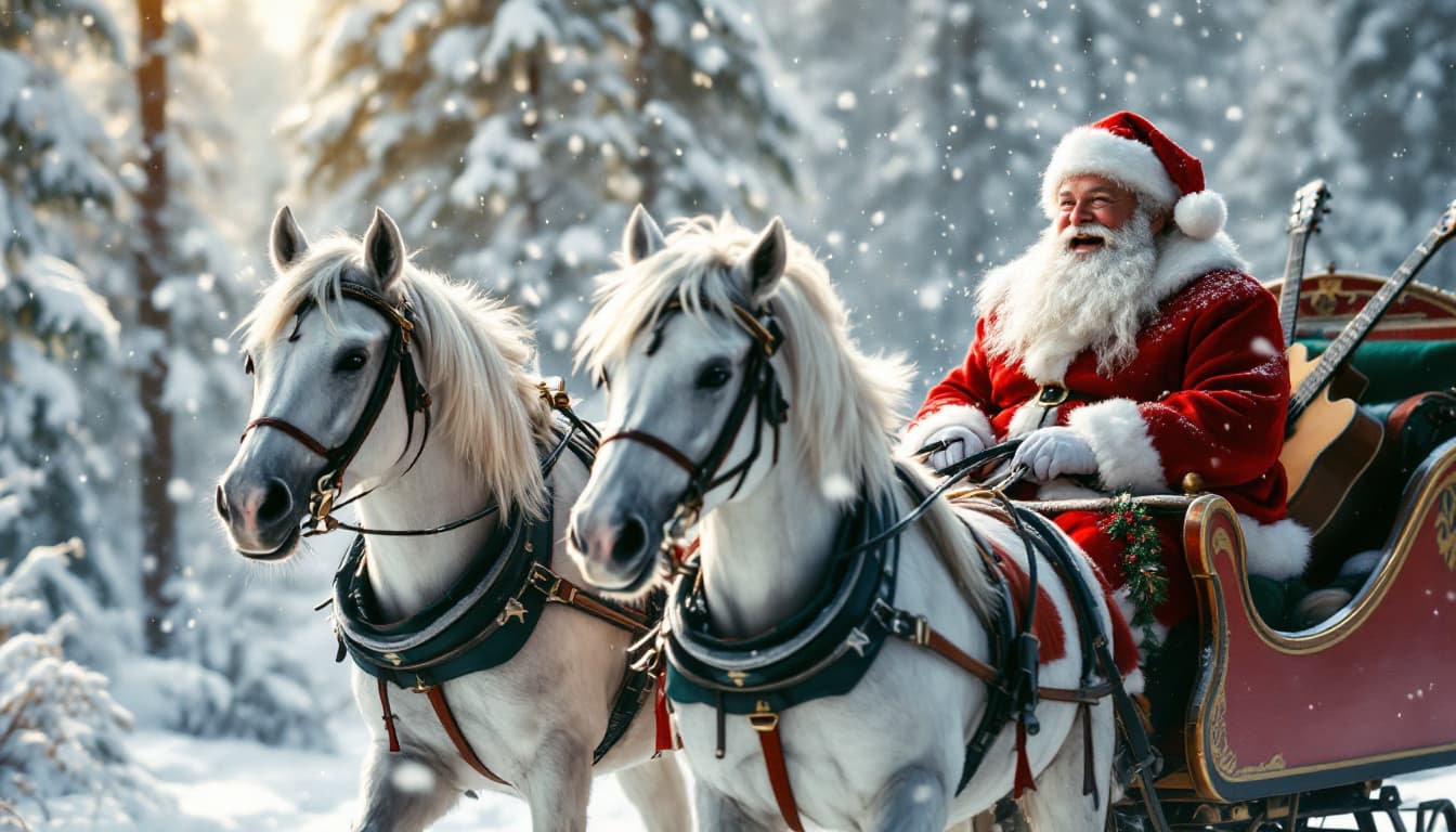 AI generated: Cinematic scene. Winter forest covered with snow. Horse team of three snow-white horses harnessed in...